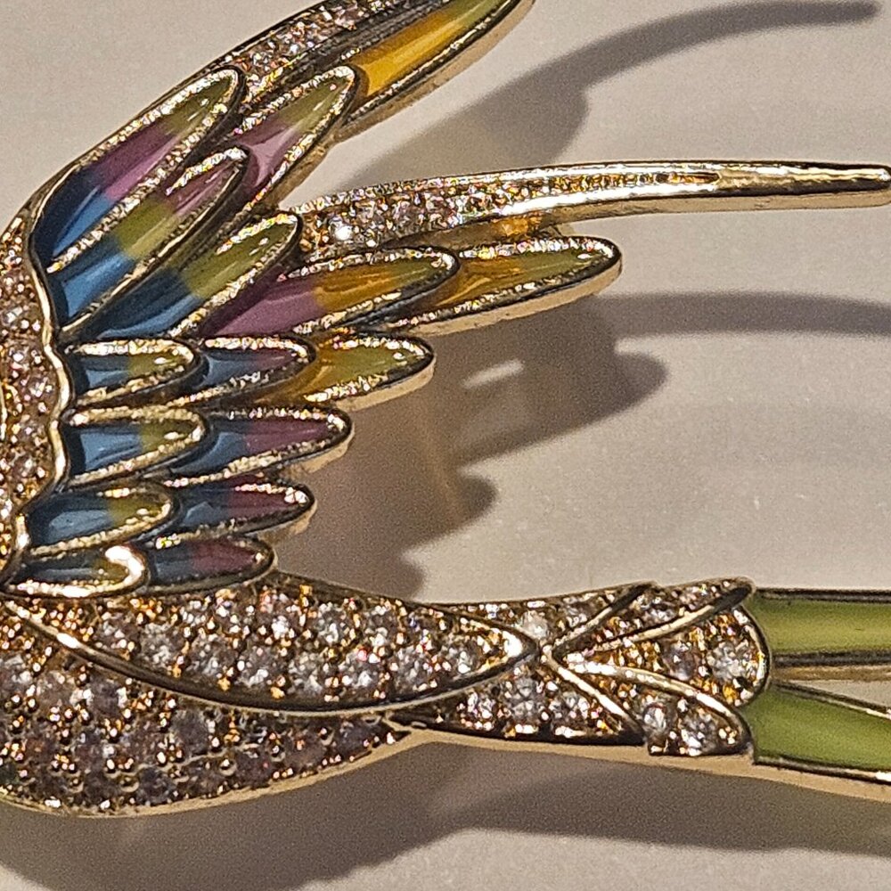 Estate Art Nouveau French Plique a Jour Colorful Bird Swallow Gold Brooch Pin 3" - Picture 4 of 6